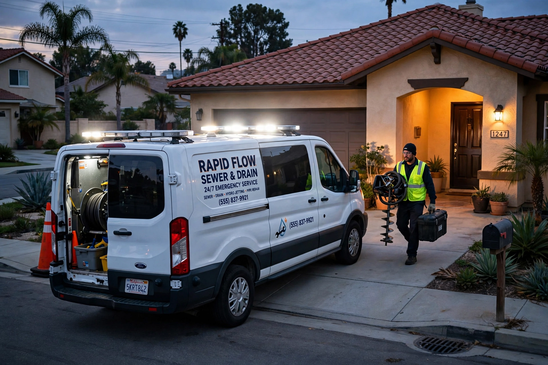 Emergency sewer service van at a Cerritos home at dusk