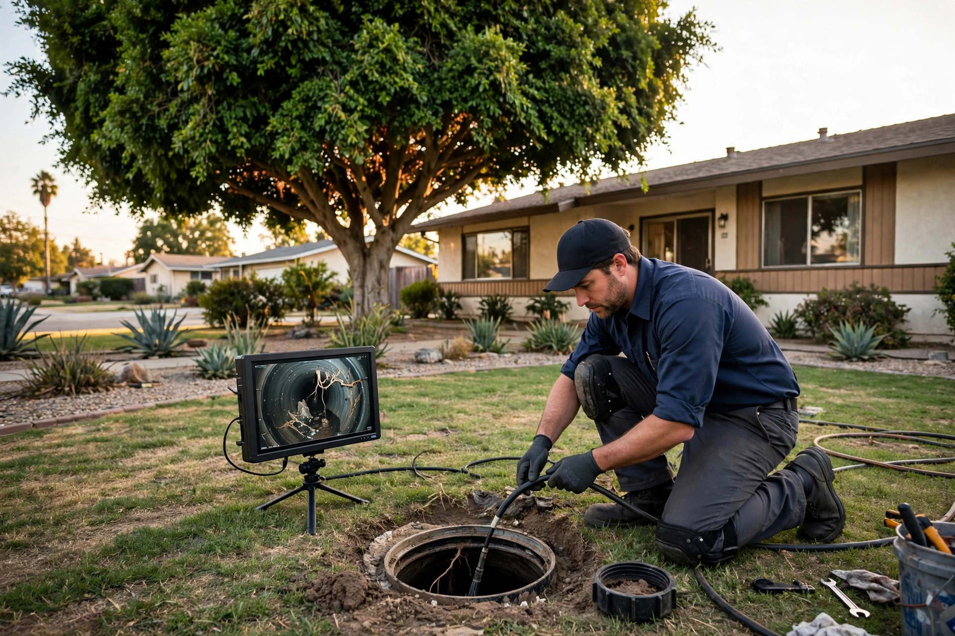 Sewer camera inspection in a Cerritos front yard, roots visible inside the pipe on the monitor