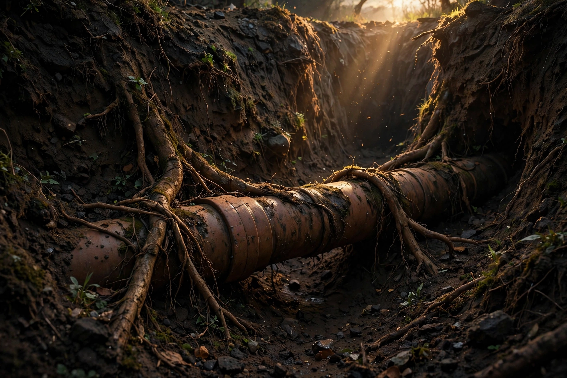 Old clay sewer pipe wrapped in tree roots, exposed in a trench