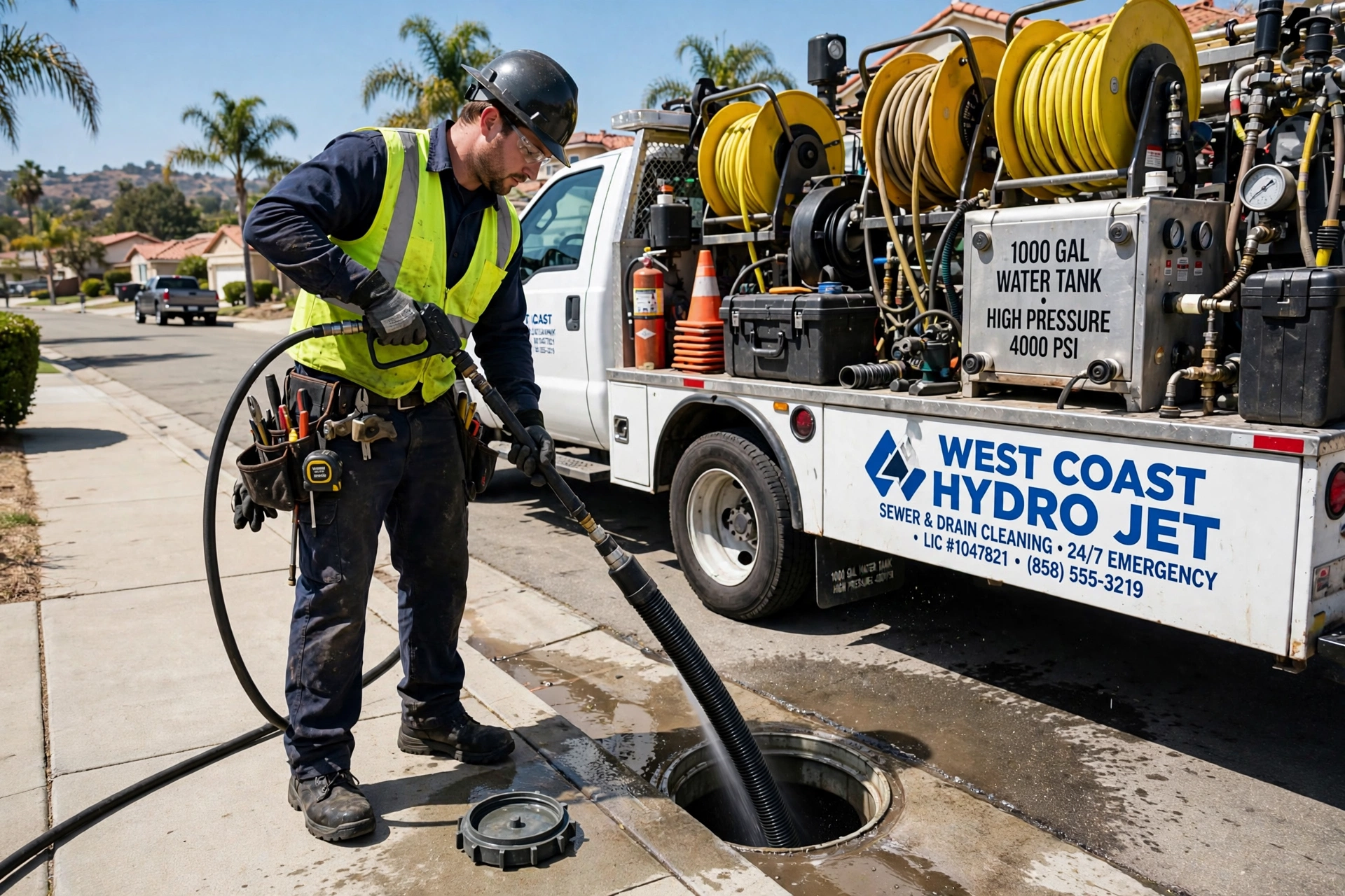 Hydro jetting a sewer line through an outdoor cleanout