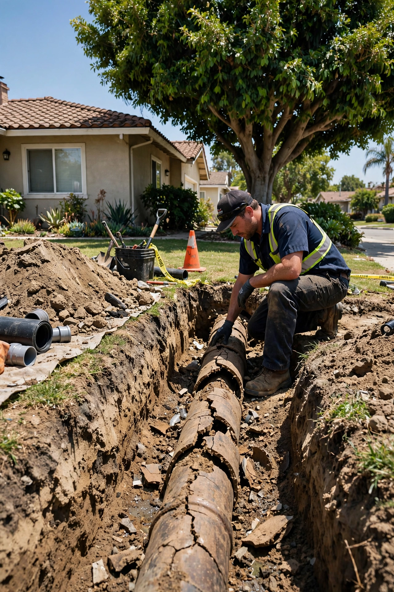 Sewer line repair in progress, cracked clay pipe exposed in a front yard trench