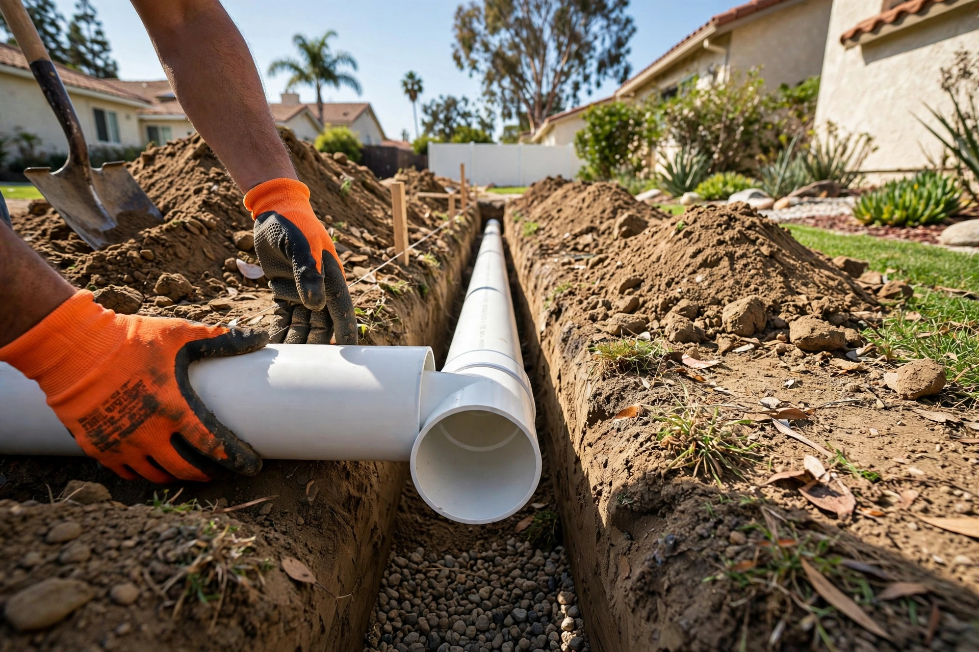New white PVC sewer pipe being installed in a trench