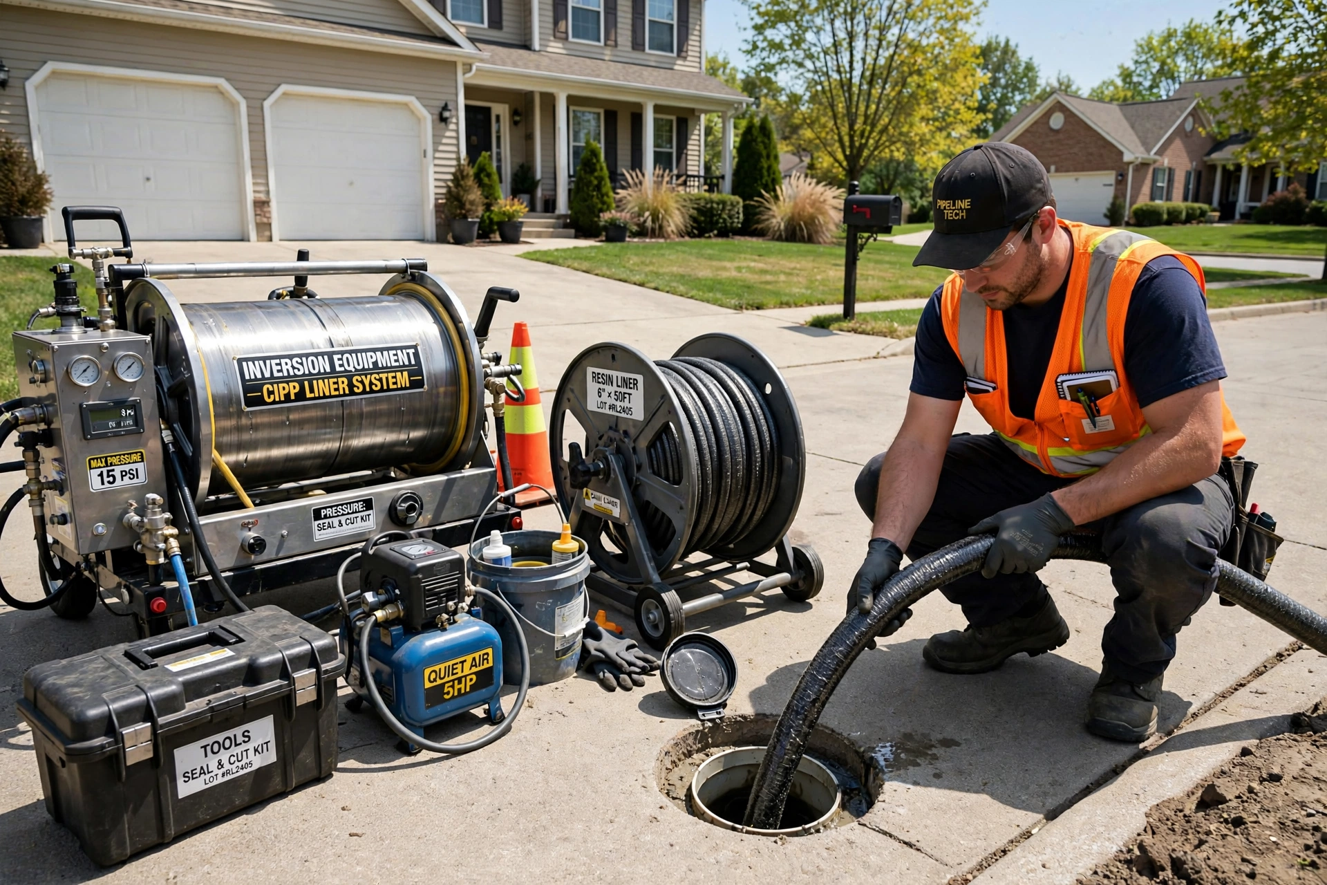 Trenchless sewer lining equipment feeding a liner into a cleanout